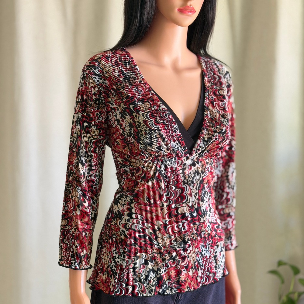 Vtg Y2K Red Black Psychedelic Peacock Plisse V-Neck Blouse 3/4 Sleeve Top M/L
